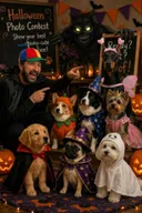 Thomas pointing at eight dogs in Halloween costumes while a green-eyed monster leans in behind them